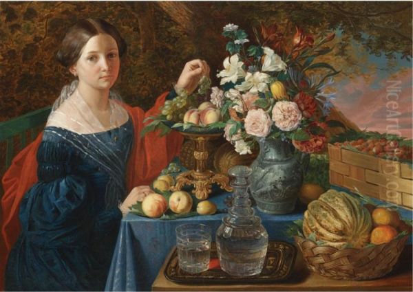 Portrait Of A Young Lady With Flowers And Fruit Oil Painting by Ivan Fomich Khrutskii