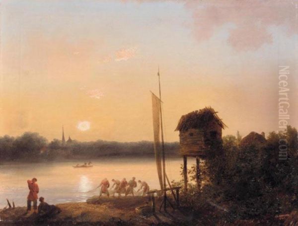 Evening Riverscape With Fishermen Oil Painting by Ivan Alekseevich Ivanov