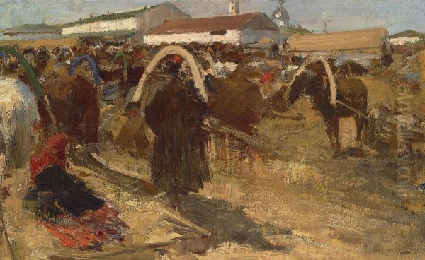 At The Bazaar Oil Painting by Mikhail Filippovich Ivanov