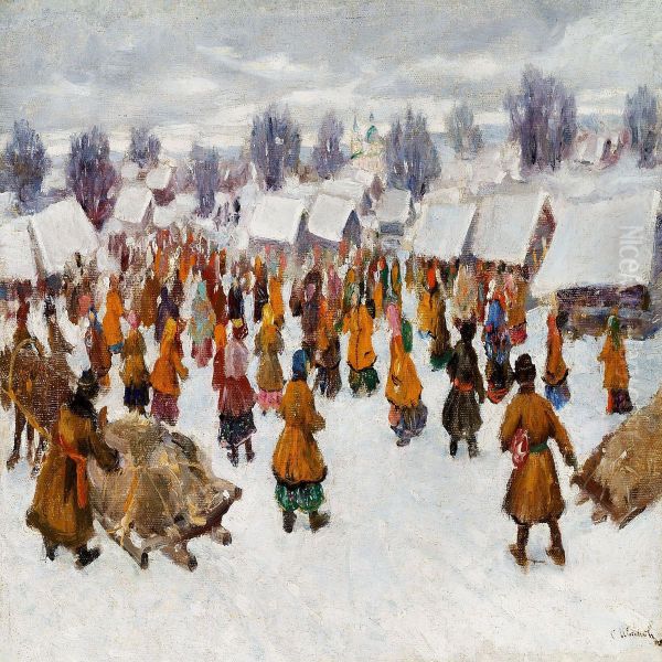 Streetlife Outside A Snow-covered Village In Russia Oil Painting by Sergei Vasilevitch Ivanov