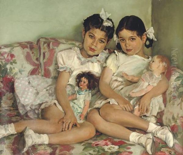 Portrait Of Two Young Girls With Dolls Oil Painting by Sergei Vasilevitch Ivanov