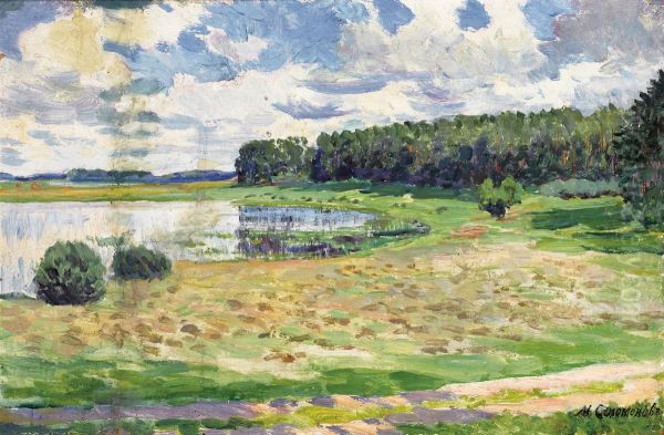 Spring Landscape With Pond Oil Painting by Mikhail Ivanovitch Solomonov