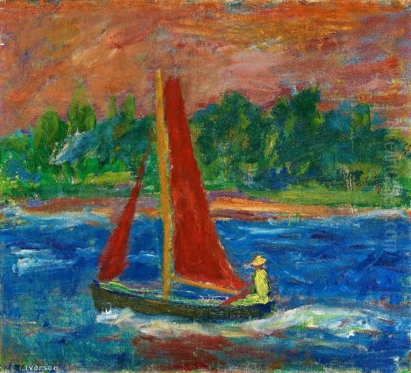 Boat With Red Sails Oil Painting by Ivan Ivarson