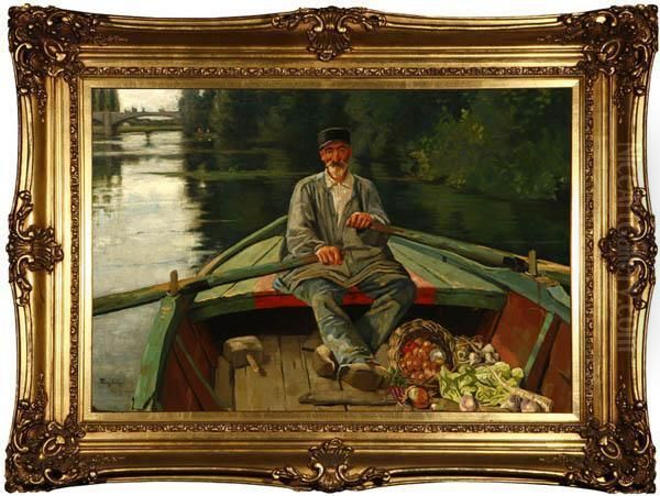 Man Rowing Along Oil Painting by Percy Ives