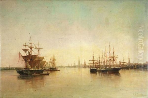 Abendliche Hafeneinfahrt Mit Zahlreichen Segelschiffen Oil Painting by E.G. Jaboneau