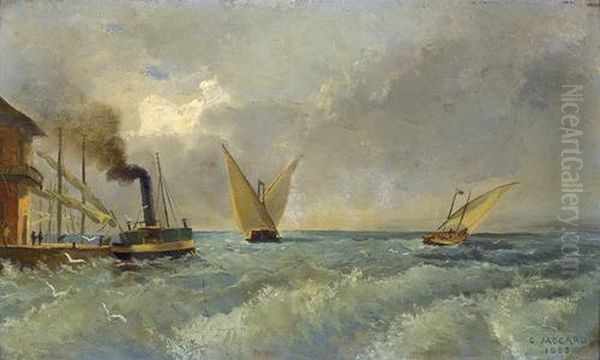 Seepartie Mit Segelbooten Und Dampfschiff. Oil Painting by Camille Jaccard