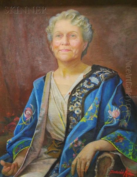 Portrait Ofa Woman In Blue Kimono Oil Painting by Frederick George Jackson