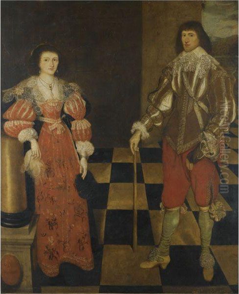 Portrait Of A Gentlemen And His Wife, Called Henry Carey, 2nd Earlof Monmouth (1596-1661) And His Wife Oil Painting by Gilbert Jackson