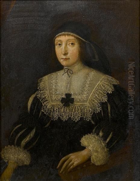 Portrait Of A Lady, Three-quarter-length, In A Black Dress With Slashed Sleeves And White Lace Collar And Cuffs Oil Painting by Gilbert Jackson