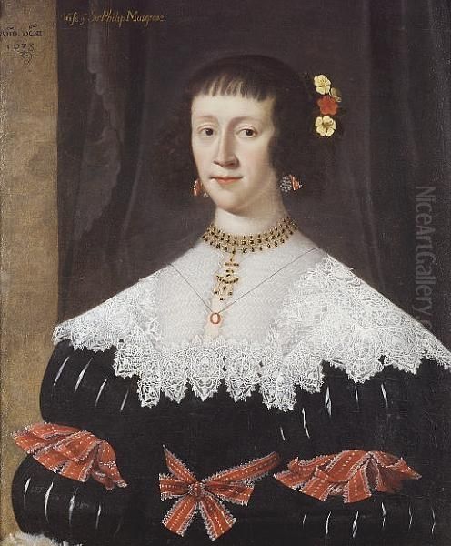 Portrait Of A Lady, Said To Be Lady Musgrave, Wife Of Sir Philip Musgrave, Half-length, In A Black Dress With A Lace Collar With Red Ribbons At Her Waist And Sleeves, Flowers In Her Hair Oil Painting by Gilbert Jackson