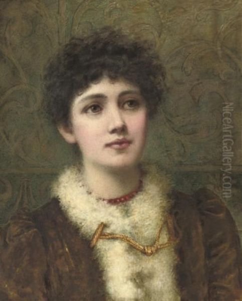 Portrait Of A Lady, Bust-length, Wearing A Red Bead Necklace Oil Painting by Helen Jackson