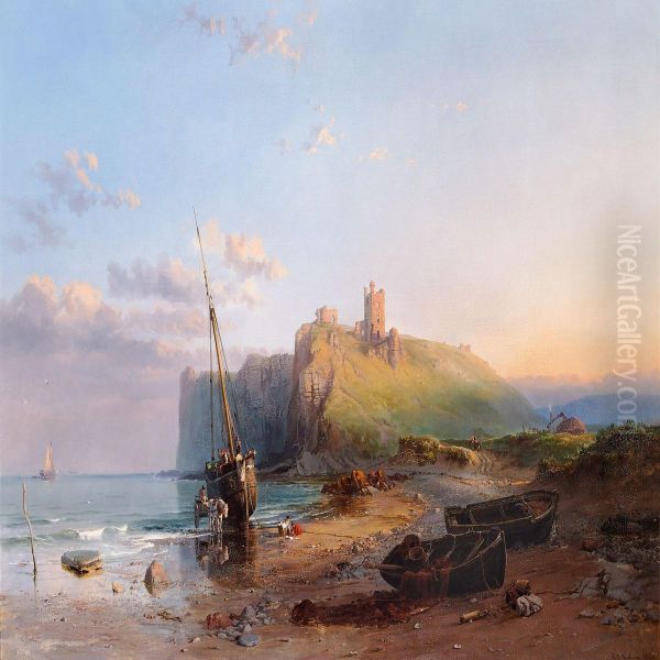 Ruins Ofdunstanborough Castle Oil Painting by Samuel Jackson