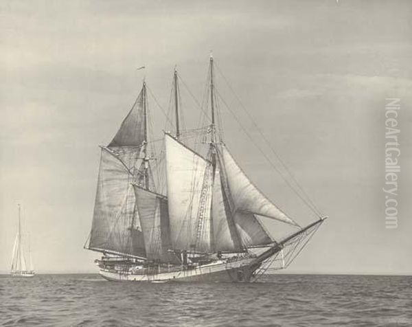 The Three Masted Schooner Frank Brainard Passing A Yawl Oil Painting by Willard Bramwell Jackson