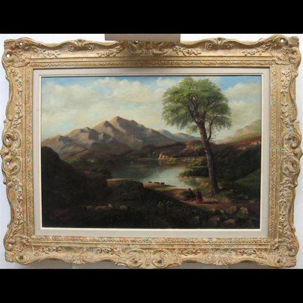 Figures, Cattle And Grazing Sheep By Highland Lake Oil Painting by William Jackson