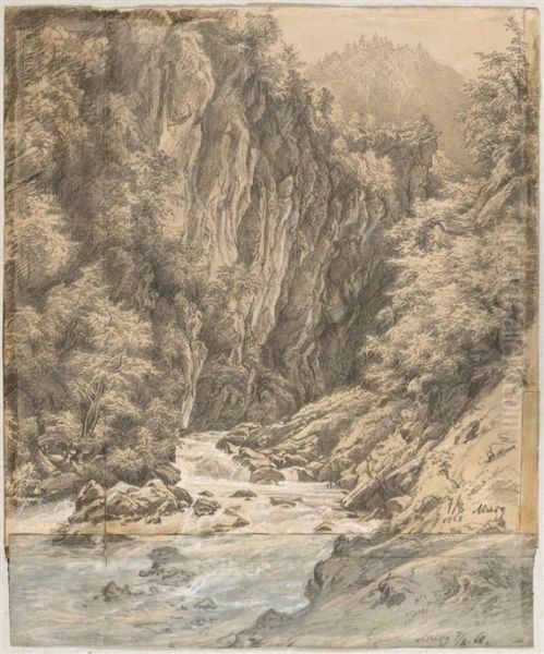 Rushing Mountain Stream Oil Painting by Julius I Jacob