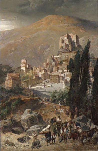 A View Of Rocca Sinibalda, Italy Oil Painting by Julius Jacobus Van De Sande Bakhuyzen