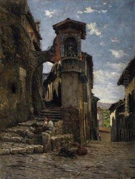 Children Playing On The Streets Of Subiaco In Lazio Oil Painting by Julius Jacobus Van De Sande Bakhuyzen