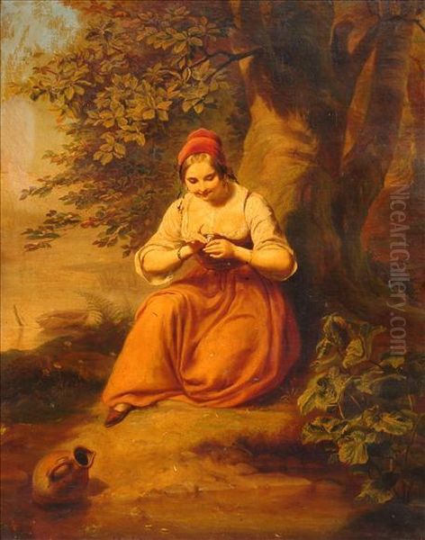 A Young Woman Seatedby A Stream Oil Painting by Johann, John Jacobe