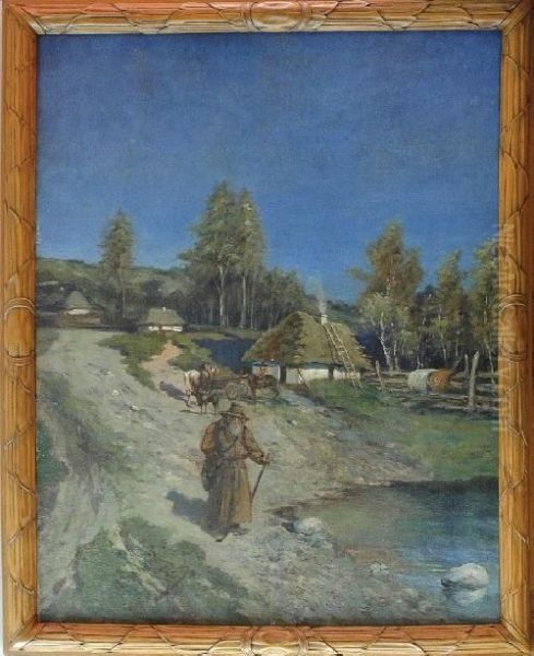 Pejzaz Wiejski Z Wedrownym Dziadem Oil Painting by Adolf Jacobi