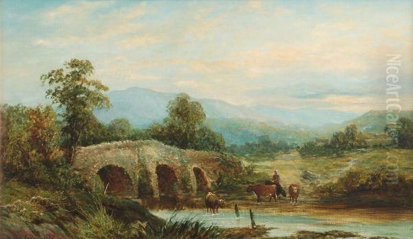 River Scene With Cattle Watering By A Bridge Oil Painting by M.M. Jacobi