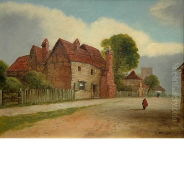 Figure Walking Along A Village Road Oil Painting by M.M. Jacobi