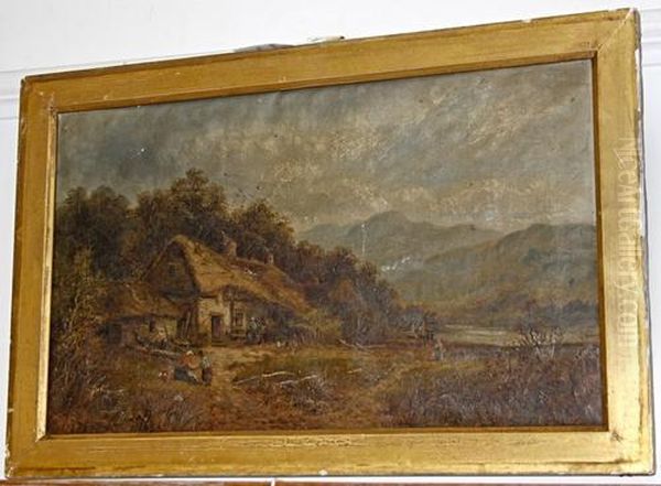 Figures By A Croft In A Mountainouslandscape Oil Painting by M.M. Jacobi