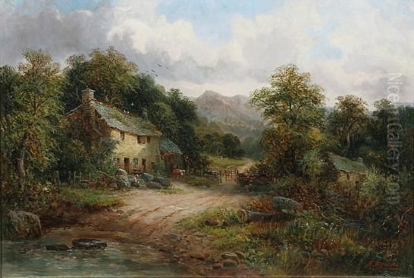 Farmstead By A Ford Oil Painting by M.M. Jacobi