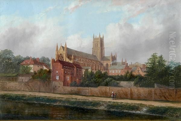 Hereford Cathedral With Figures By The River Oil Painting by M.M. Jacobi