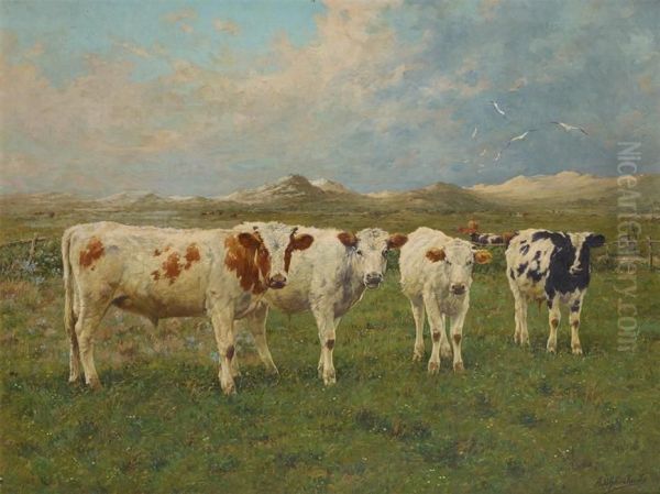 Troupeau De Vaches Sur Fond De Paysage Montagneux. Oil Painting by Adolphe Jacobs