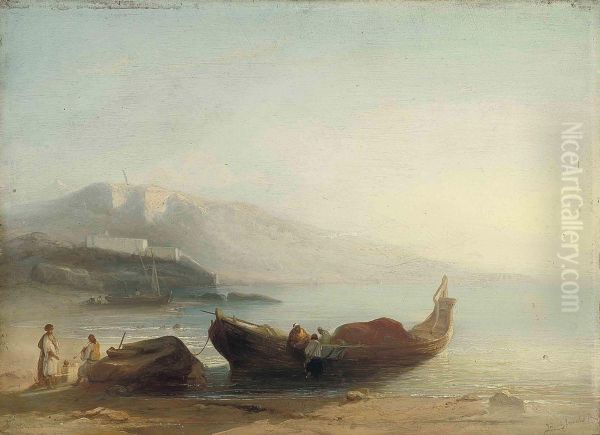 North African Fishermen On The Shore Oil Painting by Jacobus Jacobs