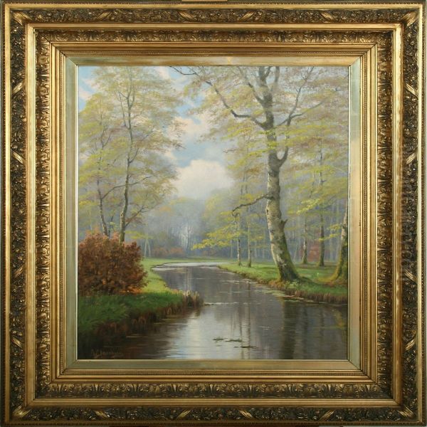 With Beechtrees And River Oil Painting by A. G. Jacobsen