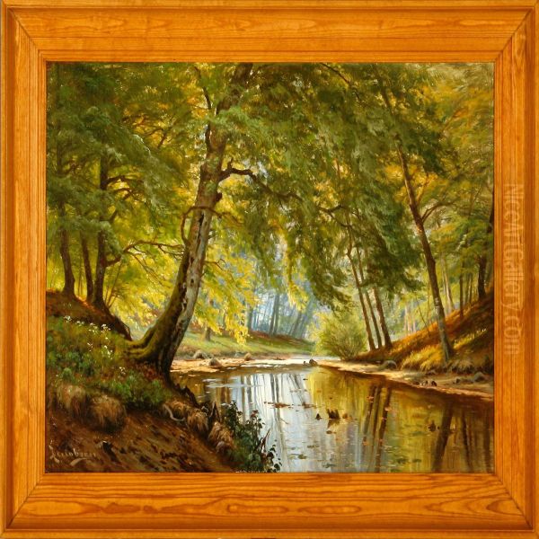 A Stream Through A Summerforest Oil Painting by A. G. Jacobsen