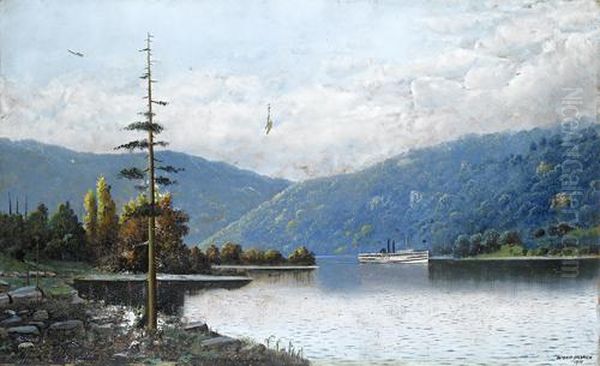 A Side-wheel Steamer Rounding A Bend In The Hudson River Oil Painting by Antonio Nicolo Gasparo Jacobsen