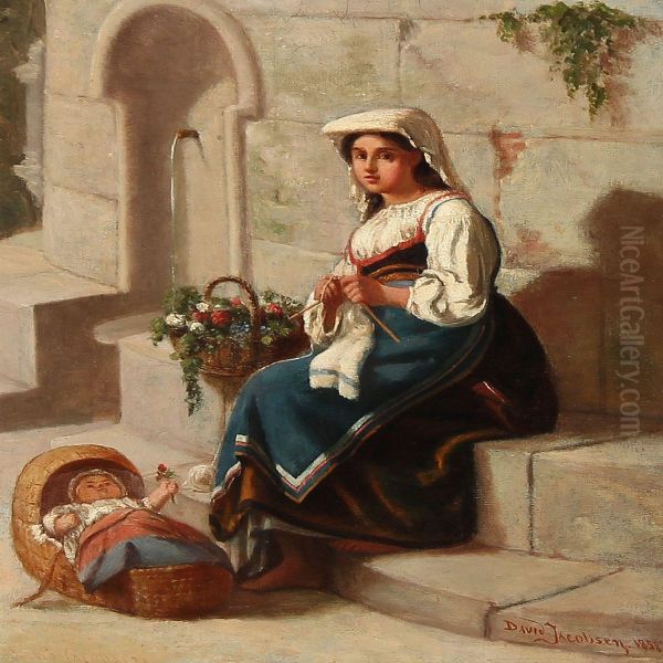 An Italian Woman At A Fountain Oil Painting by David Jacobsen