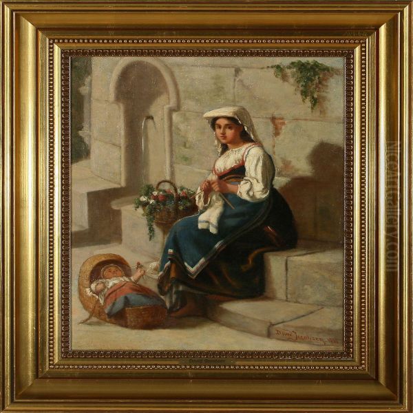 Young Italian Motherknitting Near A Fountain Oil Painting by David Jacobsen