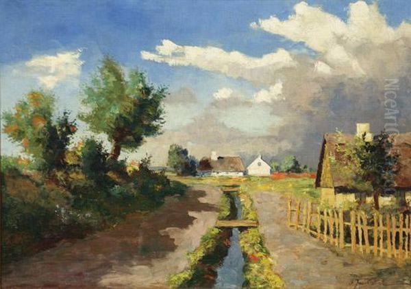 Landscape With Country Road And Village, Summer Oil Painting by Frederick Wilhelm Jacobsen