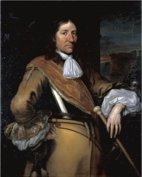 Portrait Of A Soldier, Half-length, Wearing A Buff Surcoat And Breastplate And Holding A Baton Oil Painting by Juriaen Jacobsen