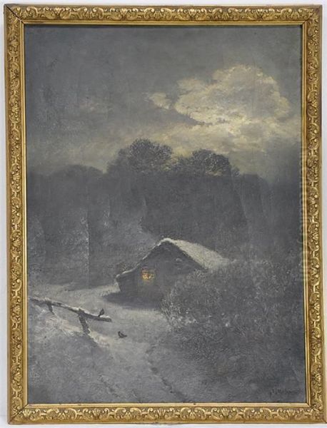 Nachtliche Winterlandschaft Mit Gehoft. Oil Painting by Sophus Jacobsen