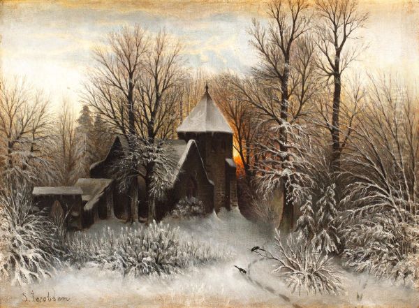 Vinterlandskap Med Kyrka (winter Landscape Withchurch) Oil Painting by Sophus Jacobsen