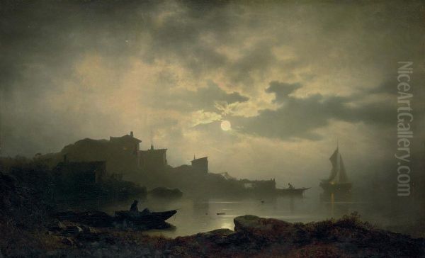 Fishing In A Moonlit Bay Oil Painting by Sophus Jacobsen