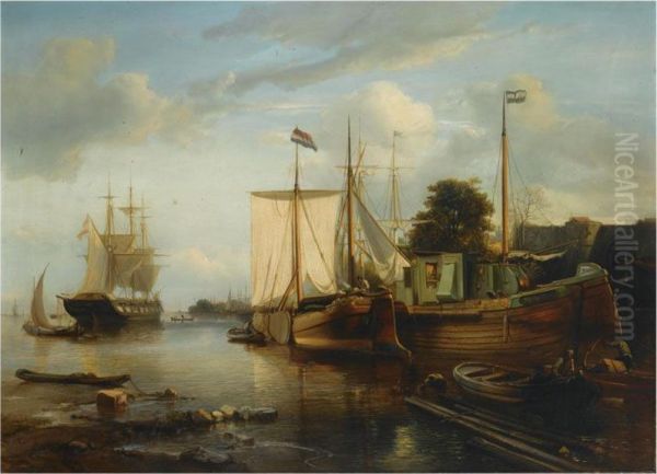 Moored Ships In A Calm Oil Painting by Jacobus Albertus Michael Jacobs