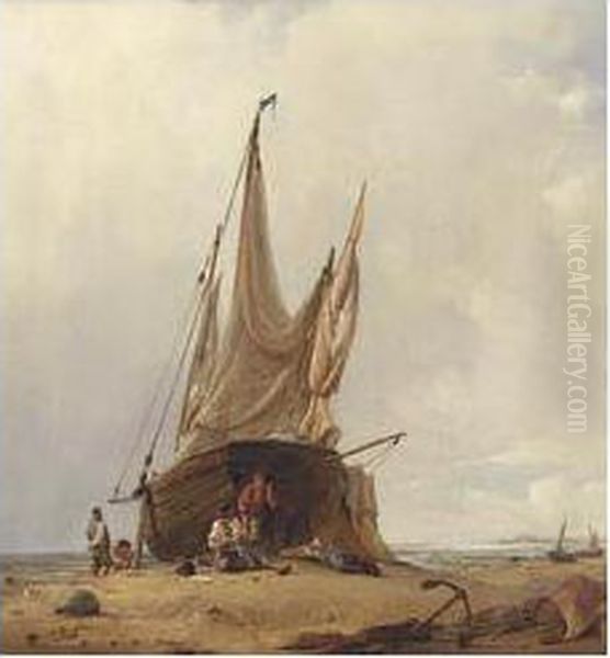 Figures By A Beached Sailing Vessel Oil Painting by Jacobus Albertus Michael Jacobs