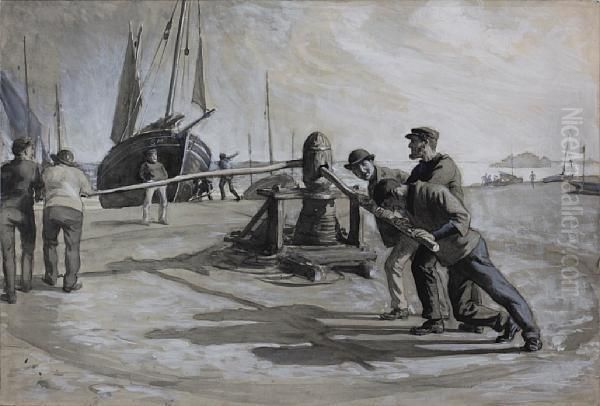 Fishermen Turning A Winch At Shorehamharbour Oil Painting by George Percy Jacomb-Hood