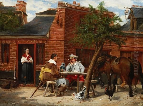 Cavaliers Outside A Tavern Oil Painting by Sir Alfred East