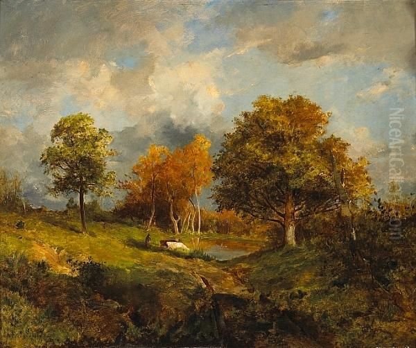 A Wooded Landscape With Cattle And A Figure By A Pond Oil Painting by Marie Ferdinand Jacomin