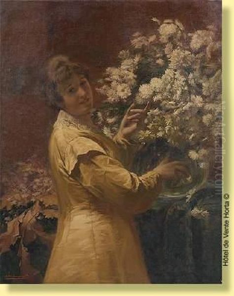 Jeune Femme Arrangeant Un Bouquet De Fleurs Oil Painting by Georges Philippe Jacqmotte