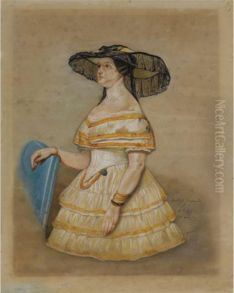 An Elegant Lady In A Hat Oil Painting by Claude Jacquand