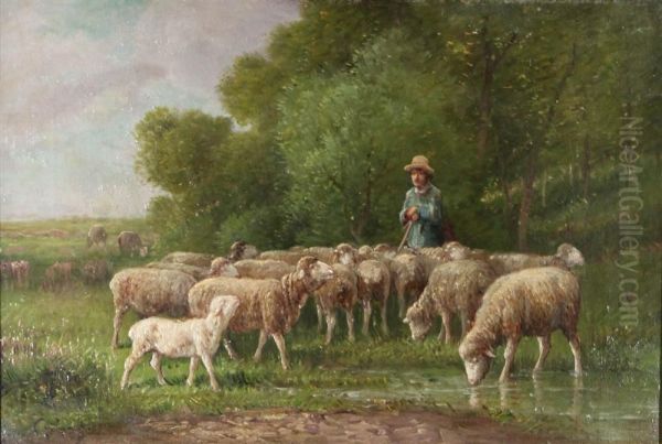 Shepherd And Sheep At Forest's Edge Oil Painting by Charles Emile Jacque