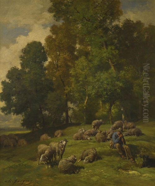 Shepherd In A Field With His Flock Oil Painting by Charles Emile Jacque