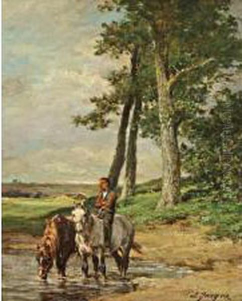 Les Chevaux A La Riviere Oil Painting by Charles Emile Jacques